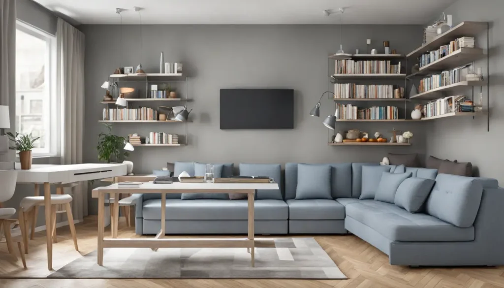 Sala de estar com sofá azul, mesa de centro funcional e estantes abertas bem organizadas.