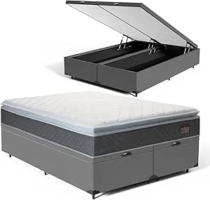 Cama box baú cinza com colchão de espuma, mostrando o baú aberto e fechado.