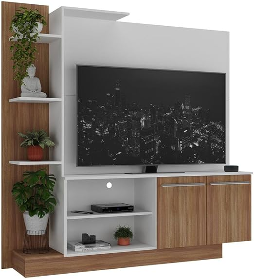 Estante home theater branca e madeira com nichos para TV e decoração.